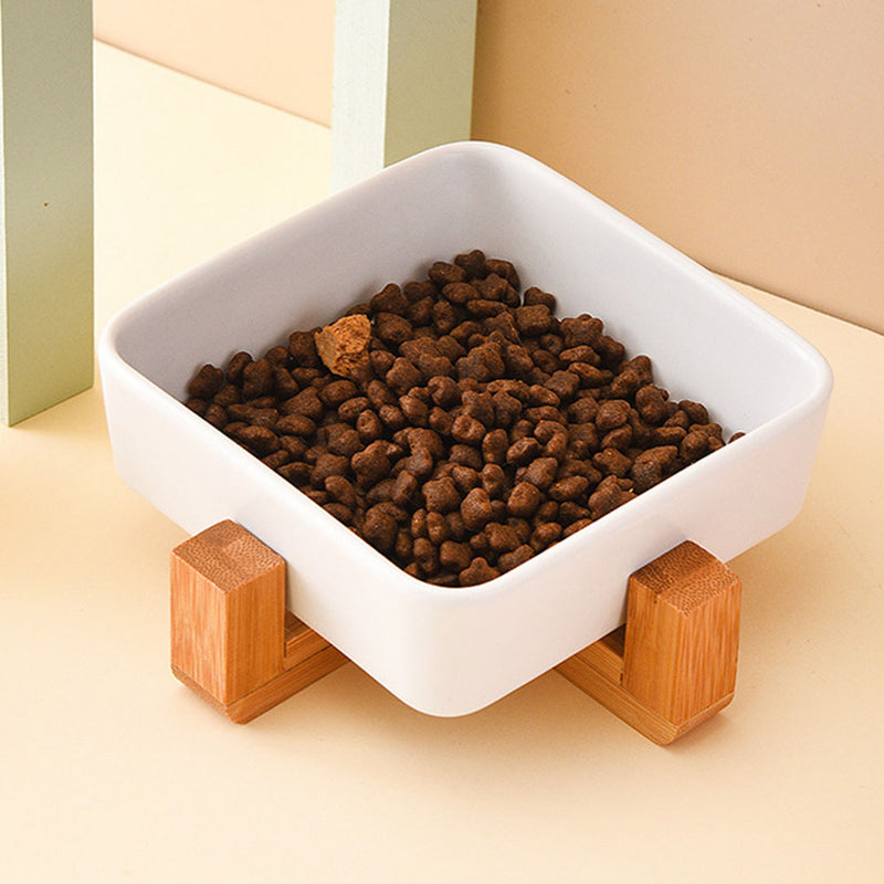 PAWS ASIA Factory Square Elevated Ceramic Pet Feeding Double Dog Cat Bowl With Wood Stand