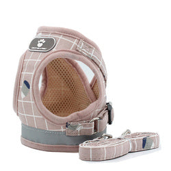 PAWS ASIA Factory Direct Sale Pink Plaid Mesh Reflective Harness Cat Dog Collar And Leash Set