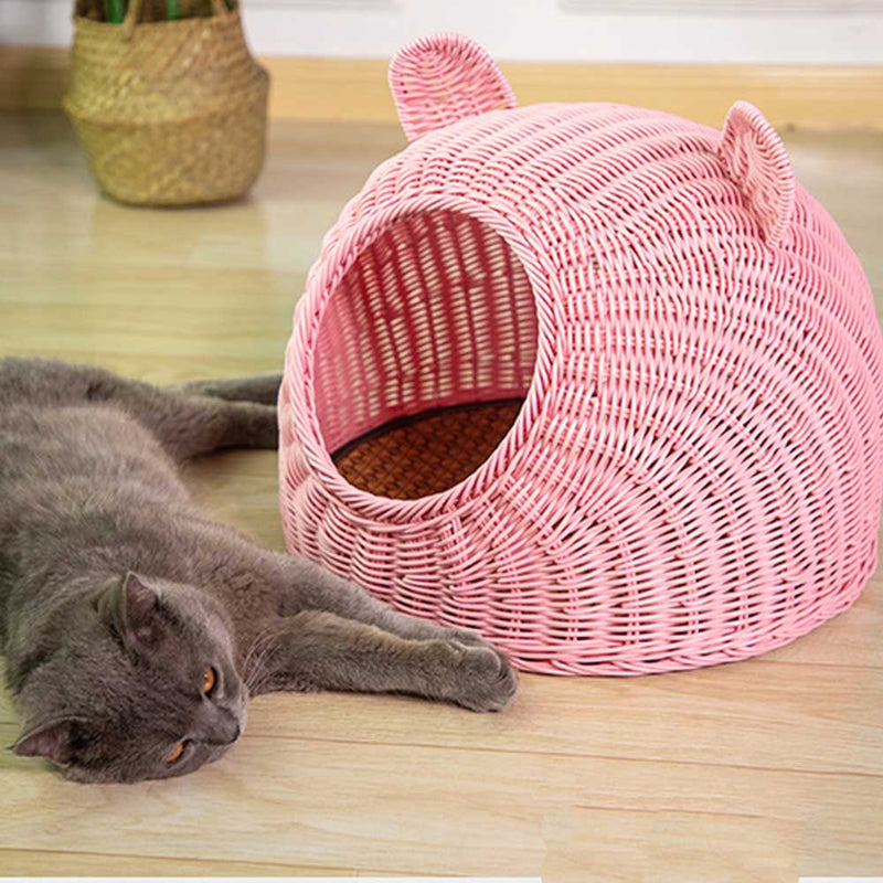PAWS ASIA Factory Imitated Rattan Summer  Washable Handmade Woven Cat Bed Cave Dog Kennel With Cushion