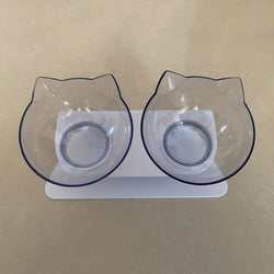 PAWS ASIA Factory New Design Cat Shape Transparent 15 Degree Tilted Raised Double Cat Bowl With Plastic Stand