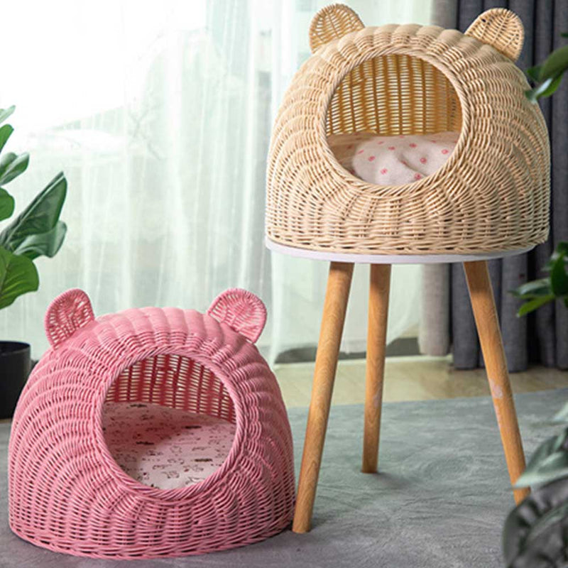 PAWS ASIA Factory Imitated Rattan Summer  Washable Handmade Woven Cat Bed Cave Dog Kennel With Cushion