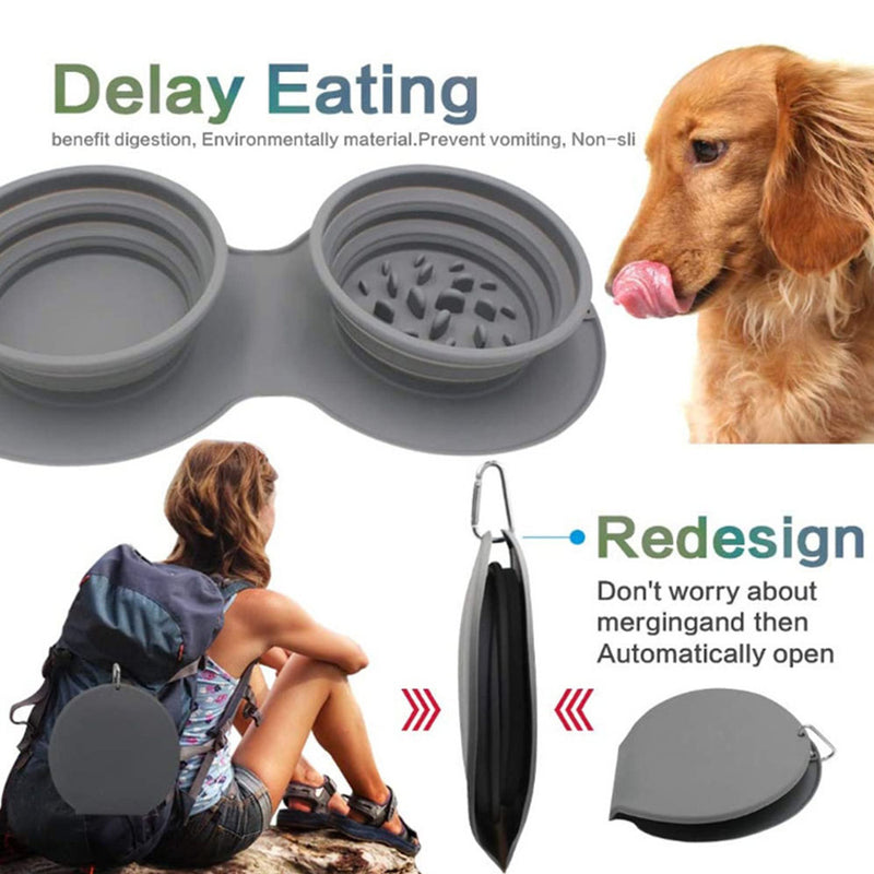 PAWS ASIA Wholesale Silicone Adjustable Anti Slip Portable Collapsible Double Slow Feeder Dog Bowl