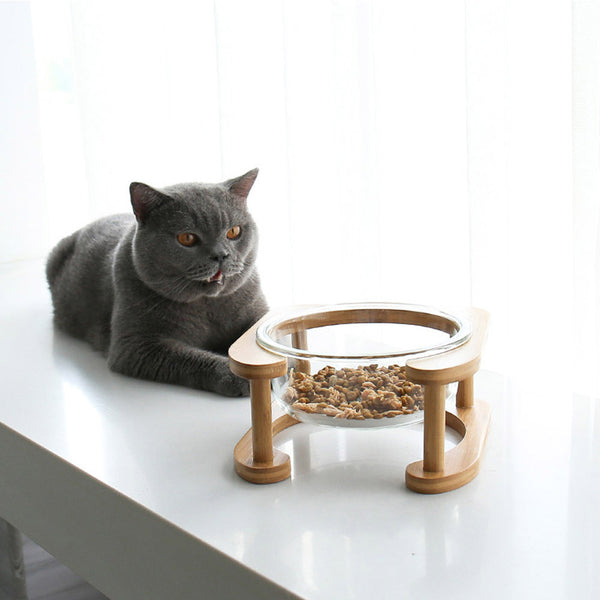 PAWS ASIA Factory Elevated Protect Cervical Clear Water Glass Dog Bowl With Bamboo Cat Feed