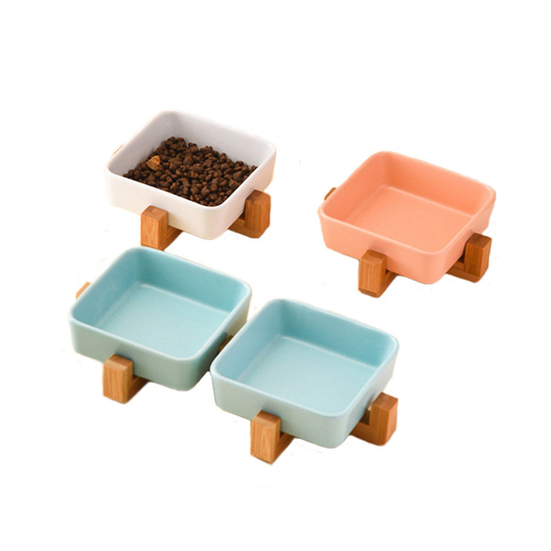 PAWS ASIA Factory Square Elevated Ceramic Pet Feeding Double Dog Cat Bowl With Wood Stand