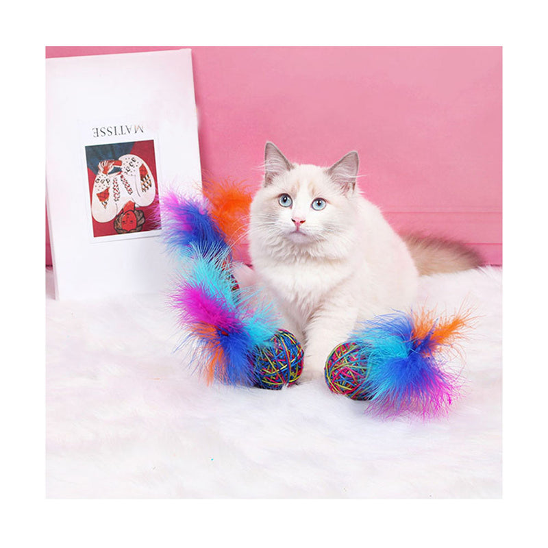 PAWS ASIA Suppliers Custom Hand Woven Colorful Stuffed Interactive Trainer Cat Ball Toy Feather