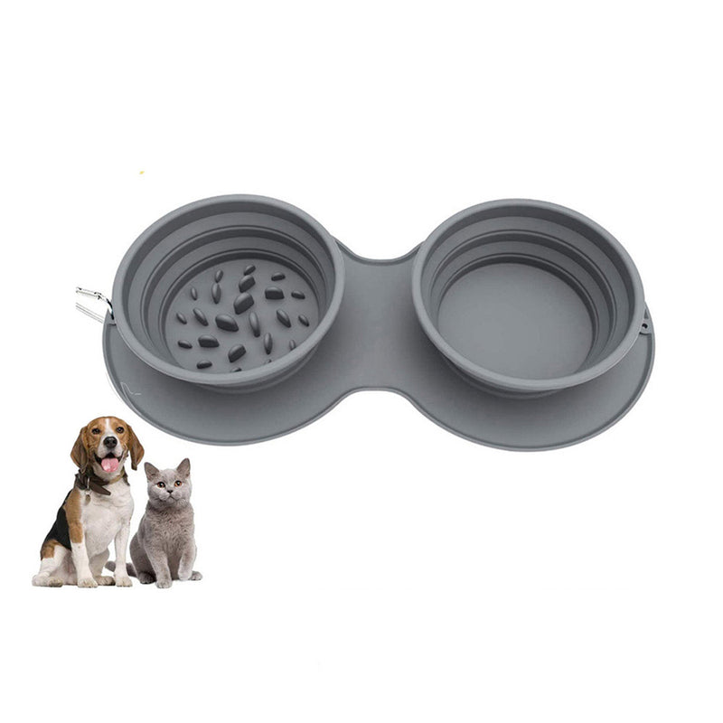 PAWS ASIA Wholesale Silicone Adjustable Anti Slip Portable Collapsible Double Slow Feeder Dog Bowl