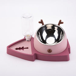 PAWS ASIA Wholesale Christmas Stainless Steel Tilted Dog And Cat Bowl With Bottle Slow Feeder