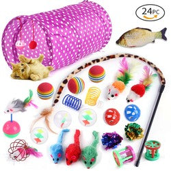 PAWS ASIA Factory Colorful Funny Interactive Foldable Tunnel Fish Mouse Cat Toy Set 24 Pack