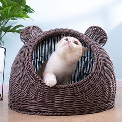 PAWS ASIA Factory Imitated Rattan Summer  Washable Handmade Woven Cat Bed Cave Dog Kennel With Cushion