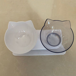 PAWS ASIA Factory New Design Cat Shape Transparent 15 Degree Tilted Raised Double Cat Bowl With Plastic Stand