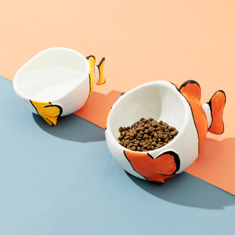 PAWS ASIA Factory Cute Clownfish Shape Eco Ceramic Slanted Food Eating Pet Drinking Cat Bowl Dog