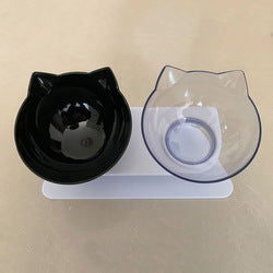 PAWS ASIA Factory New Design Cat Shape Transparent 15 Degree Tilted Raised Double Cat Bowl With Plastic Stand