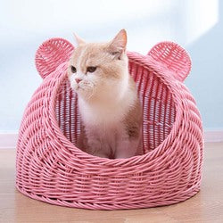 PAWS ASIA Factory Imitated Rattan Summer  Washable Handmade Woven Cat Bed Cave Dog Kennel With Cushion