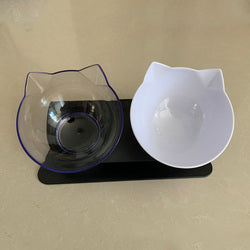 PAWS ASIA Factory New Design Cat Shape Transparent 15 Degree Tilted Raised Double Cat Bowl With Plastic Stand