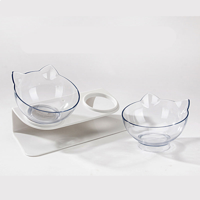 PAWS ASIA Factory New Design Cat Shape Transparent 15 Degree Tilted Raised Double Cat Bowl With Plastic Stand