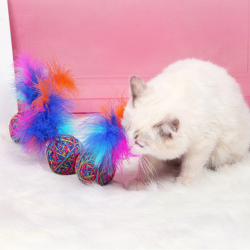 PAWS ASIA Suppliers Custom Hand Woven Colorful Stuffed Interactive Trainer Cat Ball Toy Feather