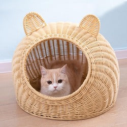 PAWS ASIA Factory Imitated Rattan Summer  Washable Handmade Woven Cat Bed Cave Dog Kennel With Cushion