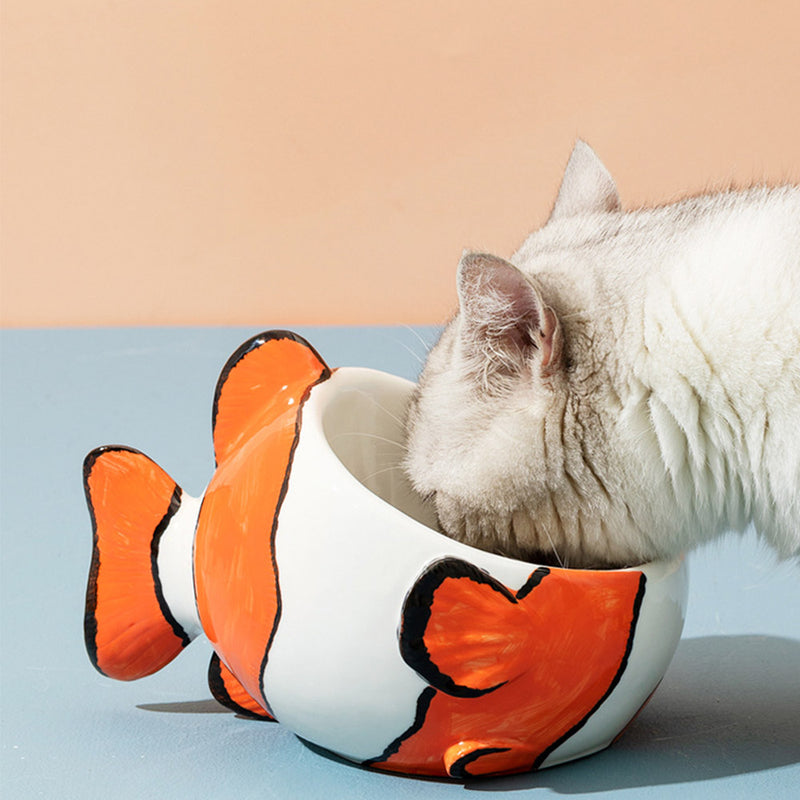 PAWS ASIA Factory Cute Clownfish Shape Eco Ceramic Slanted Food Eating Pet Drinking Cat Bowl Dog