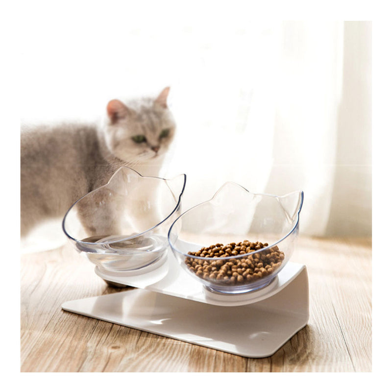 PAWS ASIA Factory New Design Cat Shape Transparent 15 Degree Tilted Raised Double Cat Bowl With Plastic Stand