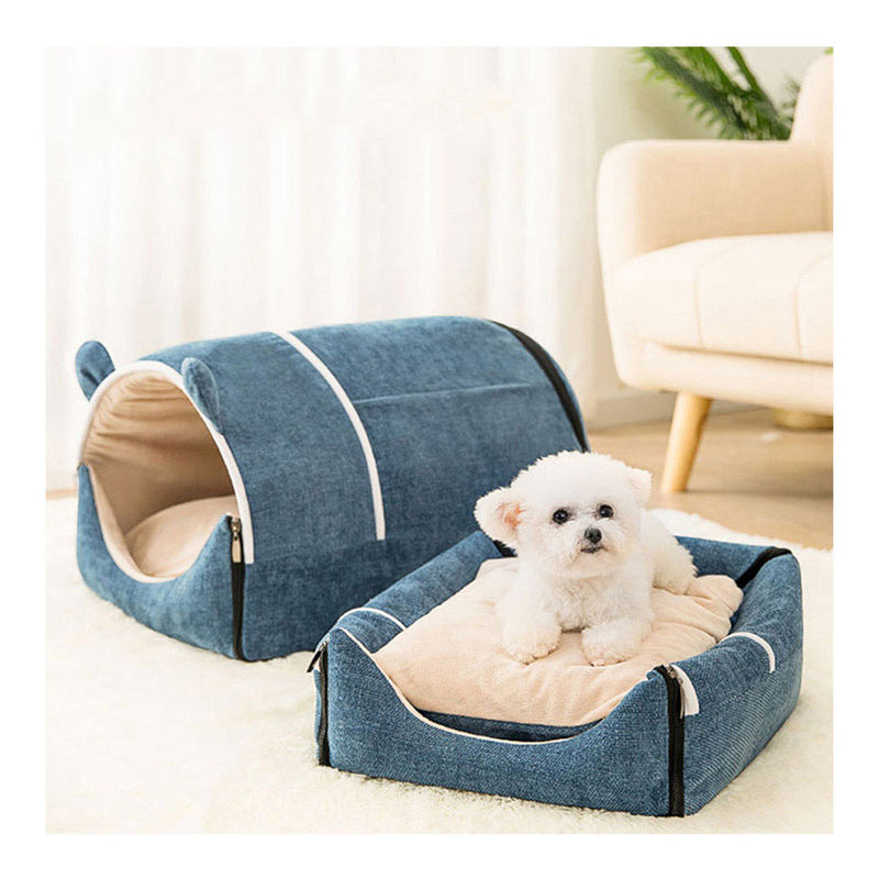 PAWS ASIA Wholesale Trendy Half Enclosed Fluffy Folding Blue Beds For Small Dogs Cat