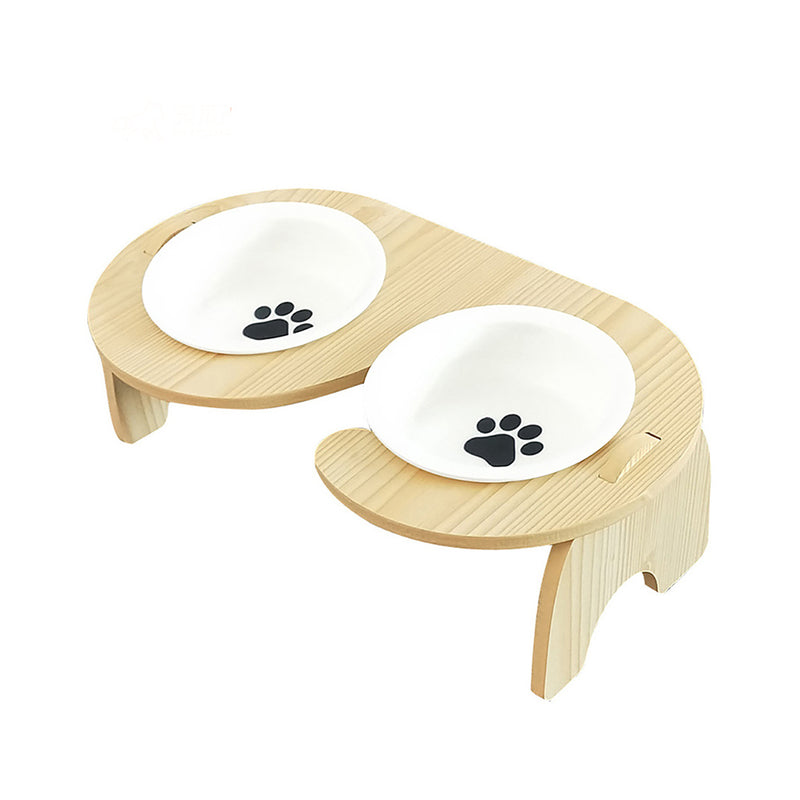 PAWS ASIA Ebay Best Sell Modern Eco Friendly  Wood Elevated Ceramic Cat Bowls Double Dog Feeder